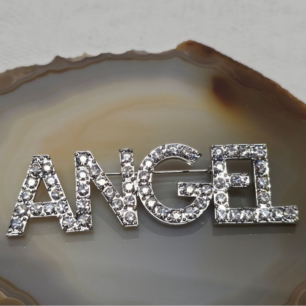 Vintage 90s Silver Tone Shiny Clear Crystal Rhinestone Word "ANGEL" Pin Brooch